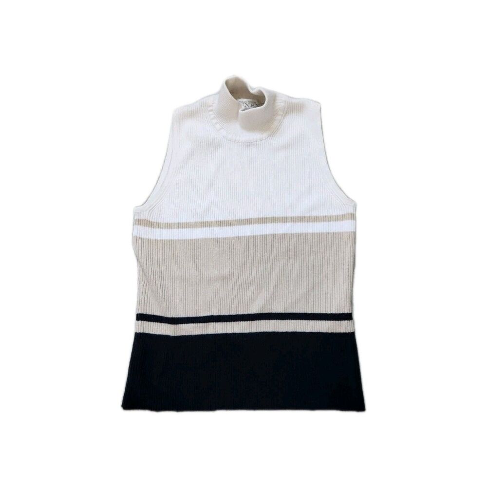 Casual Corner Annex Petite Sleeveless Sweater Mock Neck Blue Tan White Sz P GUC